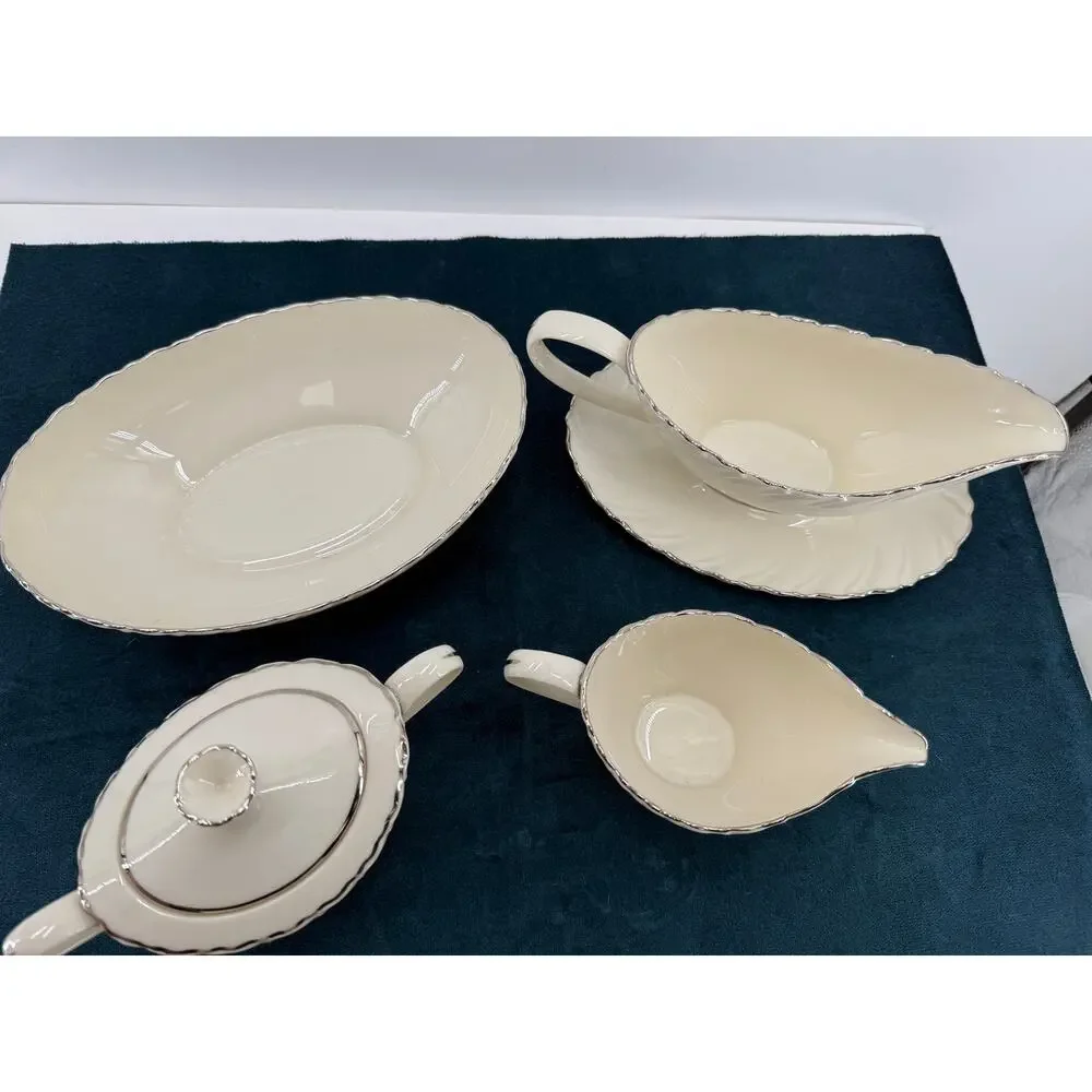 Weatherly Lenox D517 Cream Sugar Gravy Boat Vegetable Bowl Silver Trim Vintage